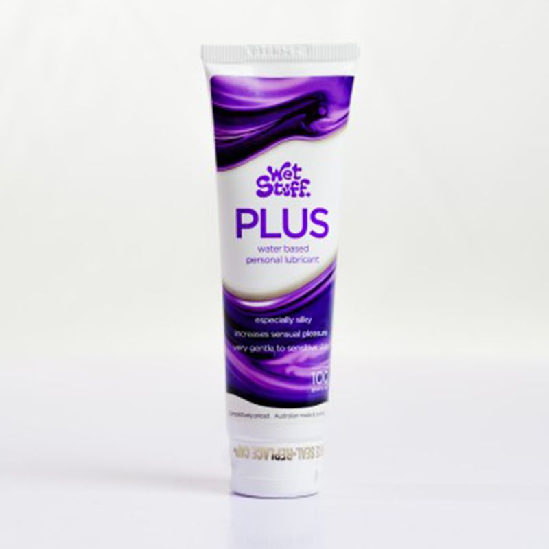 Wet Stuff Plus water-based personal lubricant 100g tube with white cap and purple label, Australian made and owned