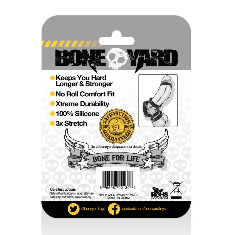 Boneyard 30mm black silicone cock ring, back packaging example with printed product and care information