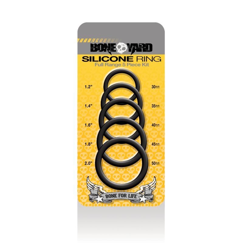 Boneyard five-piece silicone cock ring kit in retail packaging, showing all five black rings