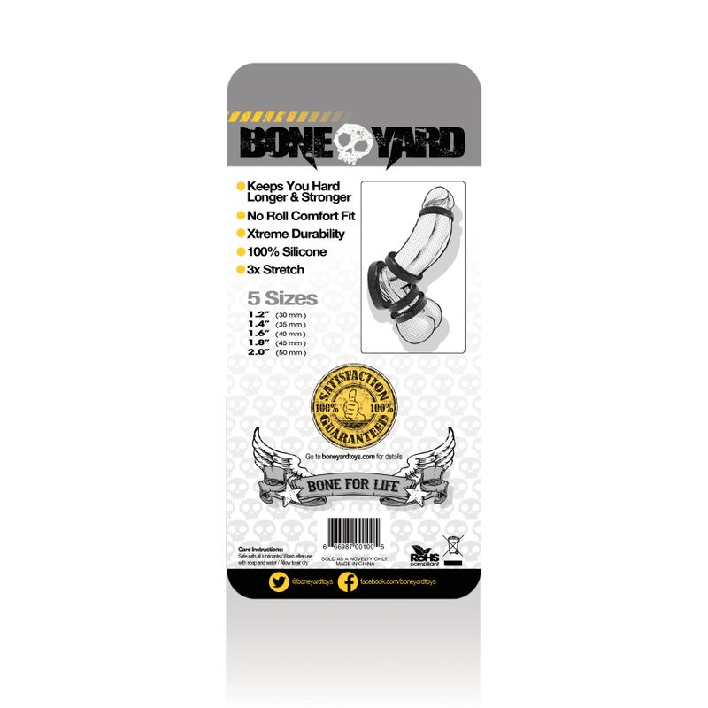 Back of Boneyard five-ring kit packaging with size list and product diagram