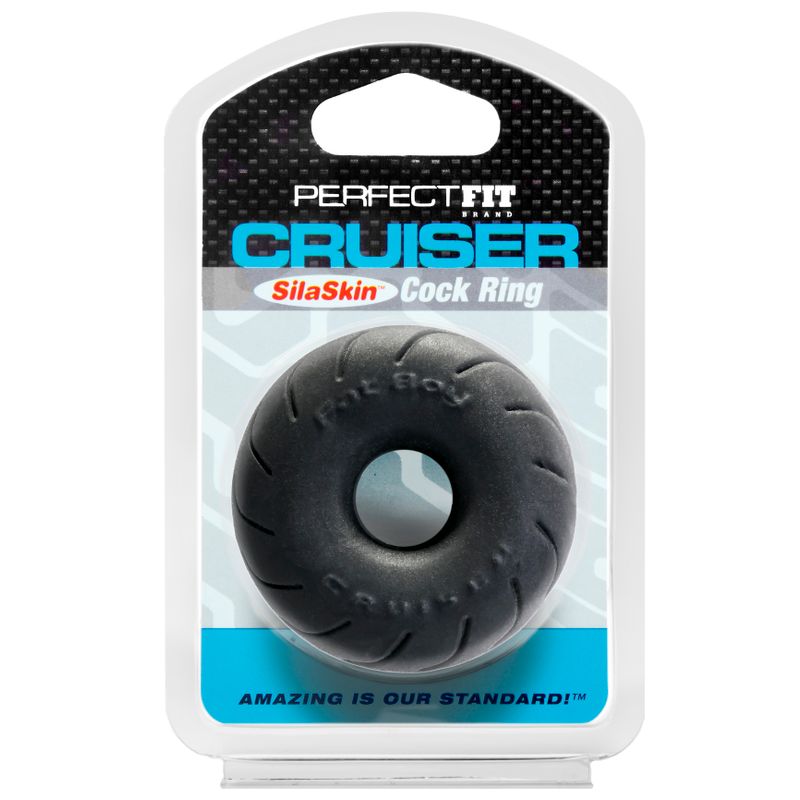Black Perfect Fit Cruiser SilaSkin cock ring in retail packaging
