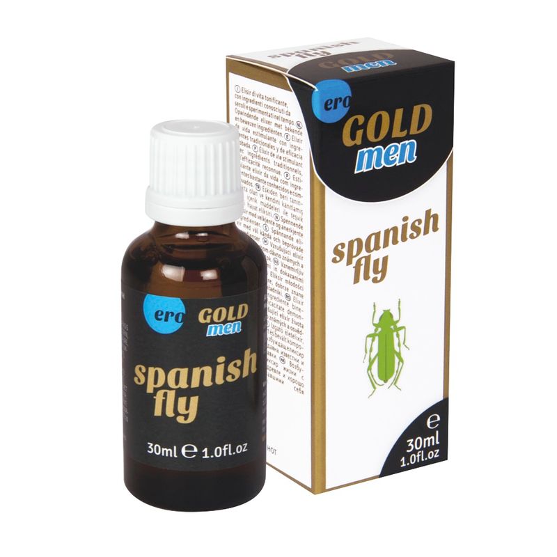 Ero Spanish Fly Gold Men Drops 30ml capped amber-coloured bottle beside its black, white and gold retail box
