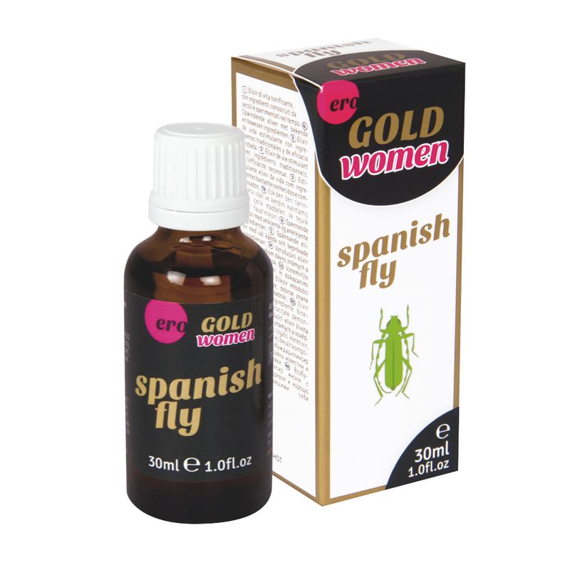 Ero Spanish Fly Gold Women Drops 30ml capped amber-coloured bottle beside its black, white and gold box with pink Ero branding