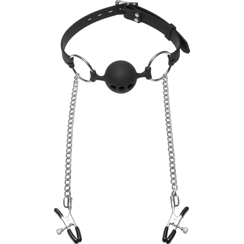 Hinder Breathable Silicone Ball Gag With Nipple Clamps Black