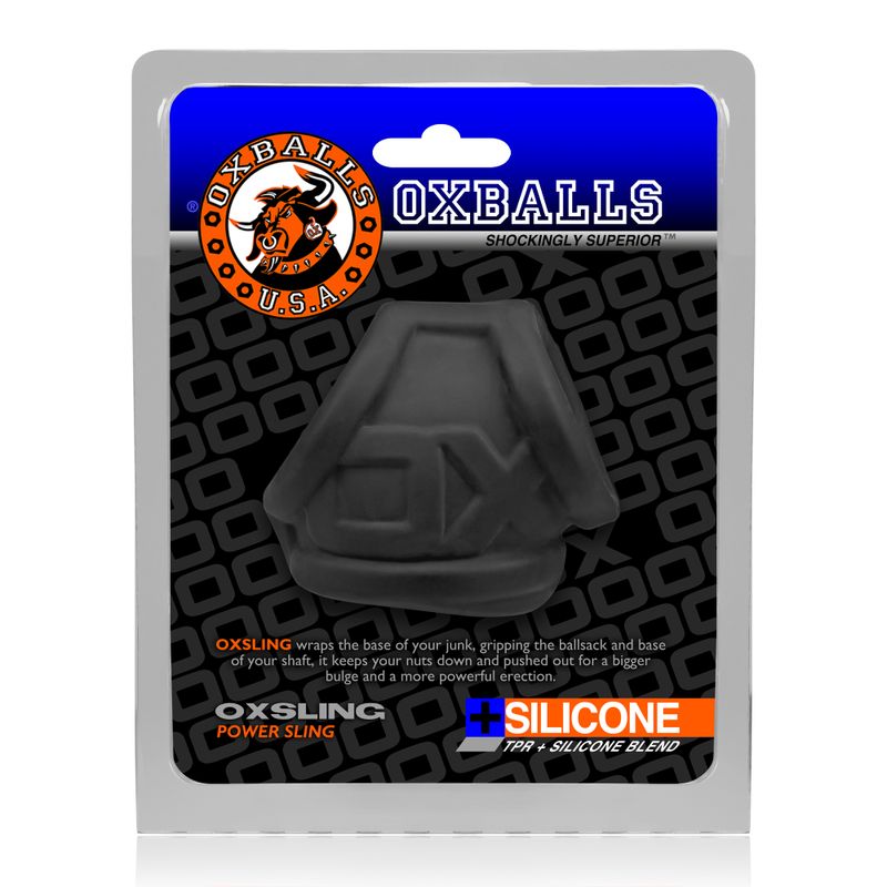 OxBalls Oxsling in Black Ice, retail clamshell packaging labelled PLUS+SILICONE TPR/silicone blend