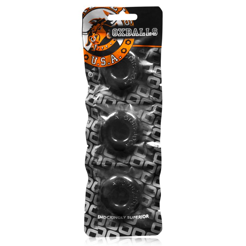 OXBALLS Ringer Black three-ring pack in its long retail pouch