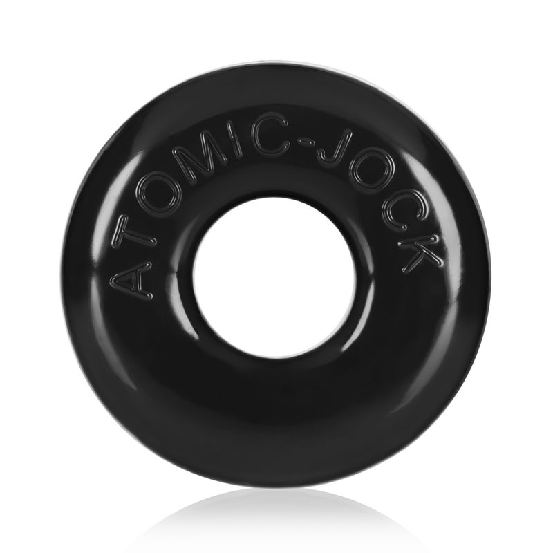 OXBALLS Ringer Black ring, close-up front view showing the rounded profile and Atomic-Jock lettering