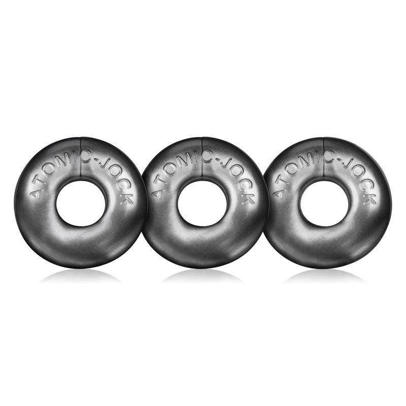 OXBALLS Ringer Steel three-ring pack, metallic grey rings with Atomic-Jock lettering