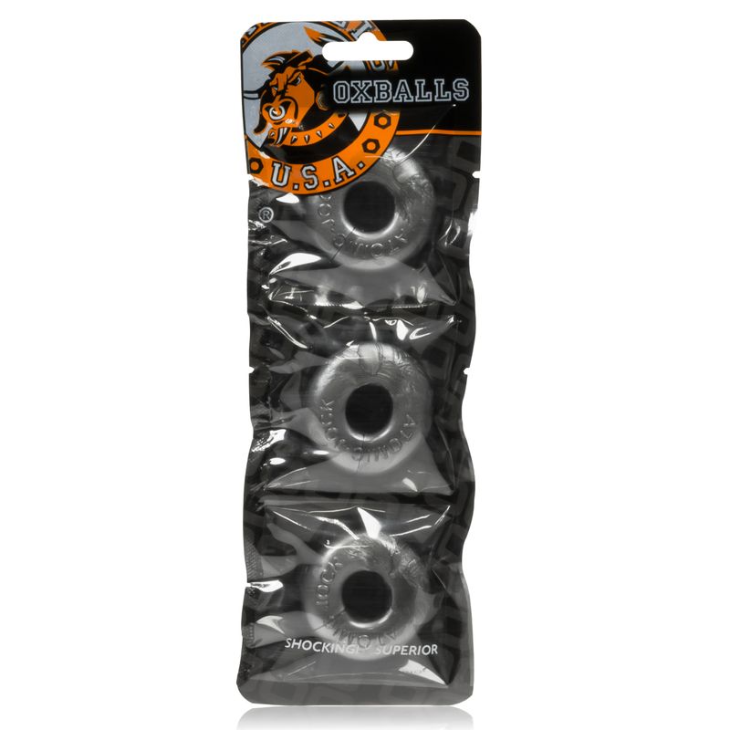 OXBALLS Ringer Steel three-ring pack in its long retail pouch