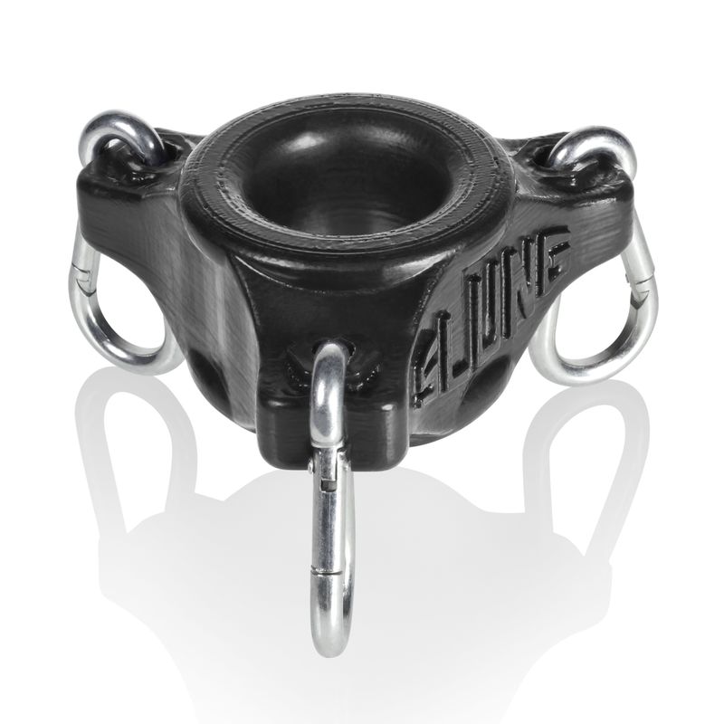 Black OxBalls Slung silicone ballstretcher with three fitted silver-coloured carabiners