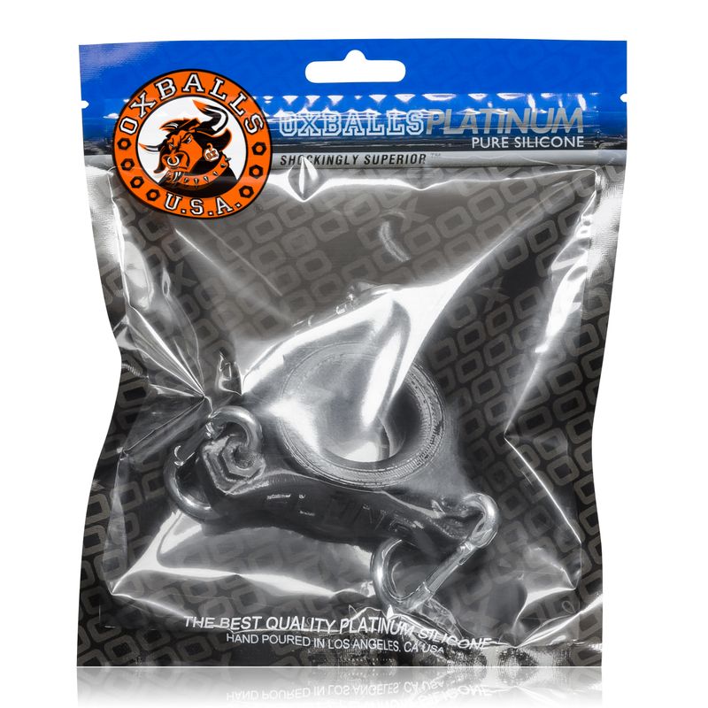OxBalls Slung ballstretcher in its platinum silicone retail packaging