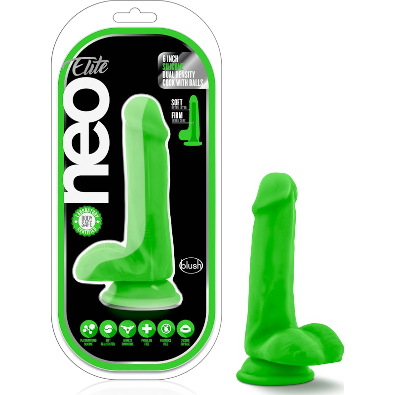 Neo Elite 6in Silicone Dual Density Dildo with Balls Neon Green