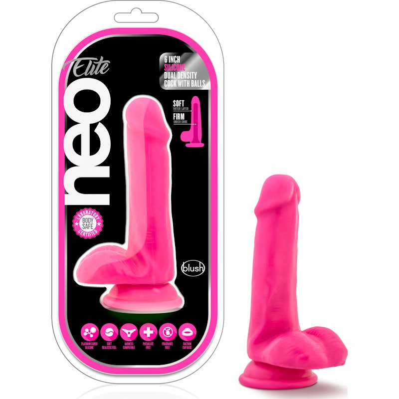 Neo Elite 6inch Silicone Dual Density Dildo with Balls Neon Pink