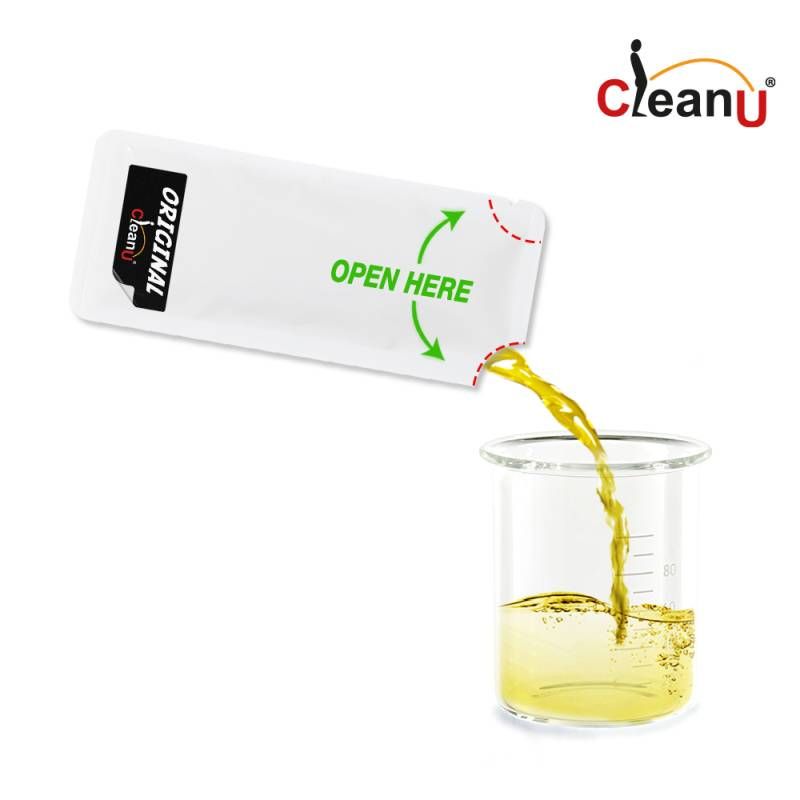 CleanUrin sachet illustration showing the tear-open corner and liquid pouring into a beaker