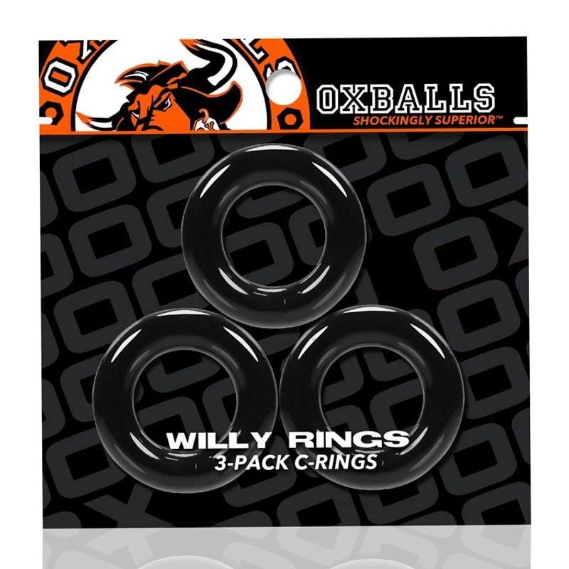 Black OxBalls Willy Rings three-pack in retail packaging