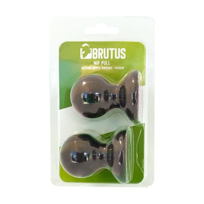 Two black Brutus Nip Pull Medium silicone nipple suckers in their green and white retail packaging