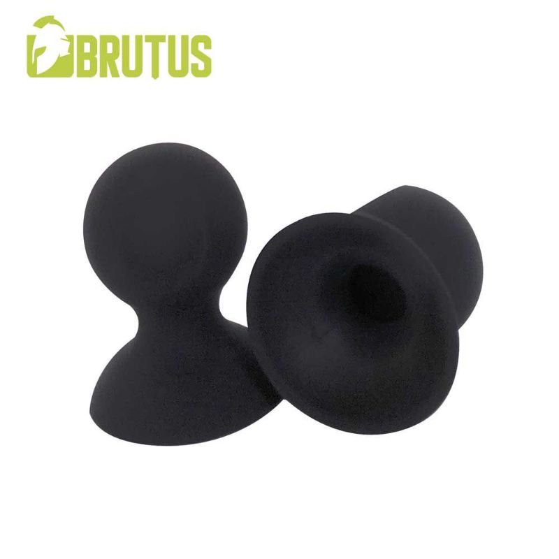 Brutus Nip Pull Medium black silicone nipple sucker pair showing the rounded squeeze bulb and flared cup opening