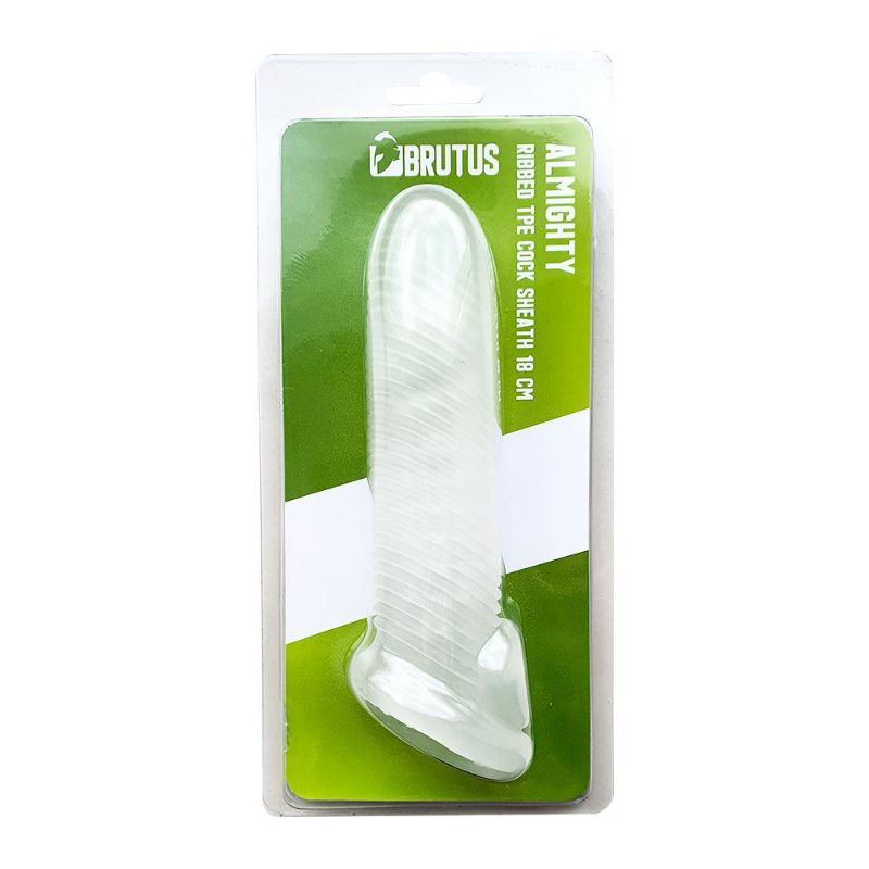 Brutus Almighty18cm ribbed TPE penis sleeve in its clear retail clamshell