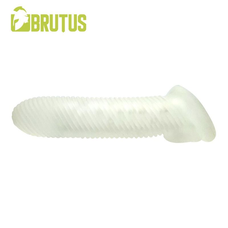 Side view of the clear Almighty sleeve showing external ribbing and widened base