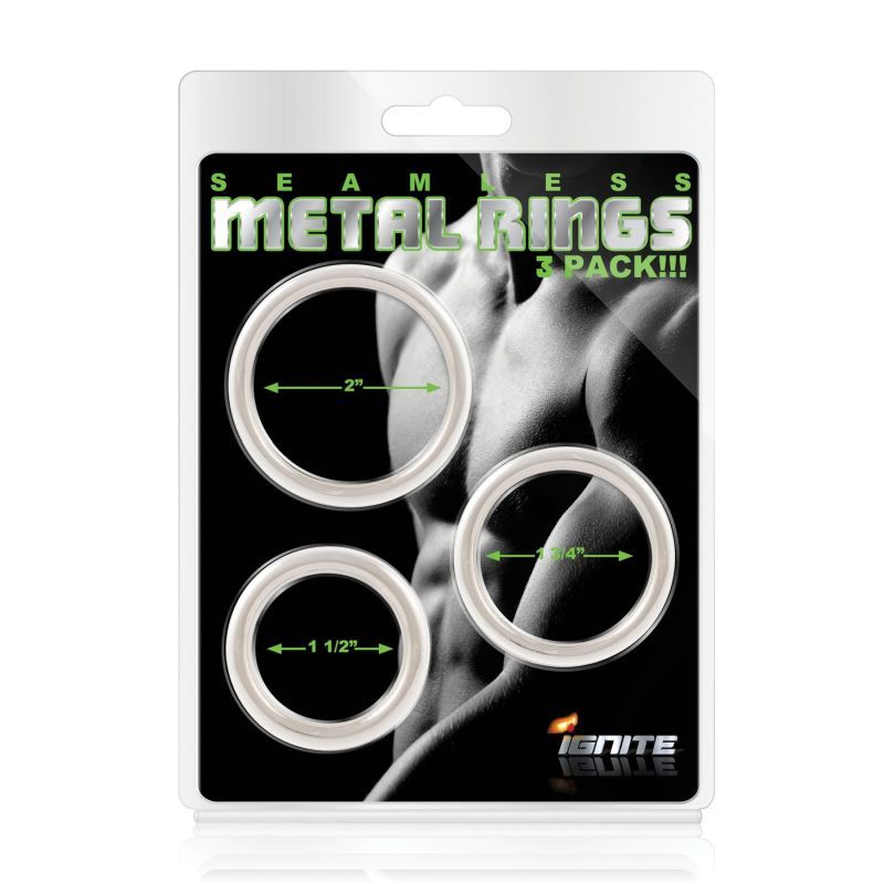 Ignite Seamless Metal Cock Ring 3 Piece Set in retail packaging, showing three silver rings with 38mm, 44mm and 51mm openings