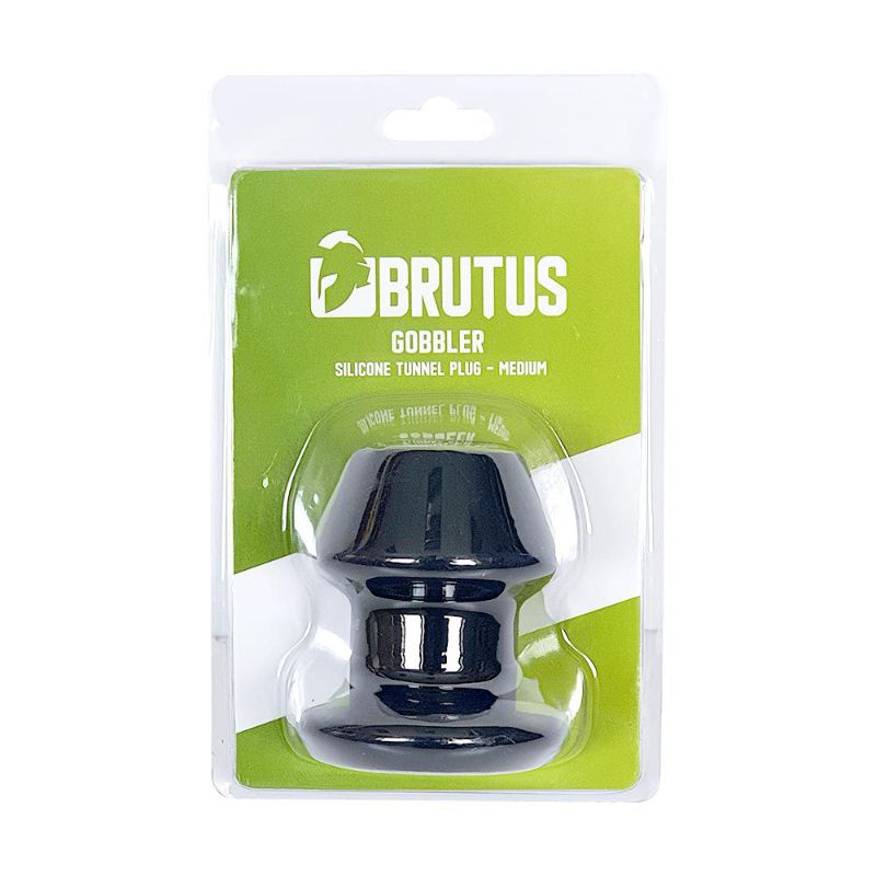 Brutus Gobbler Medium black silicone tunnel plug in green and white retail packaging