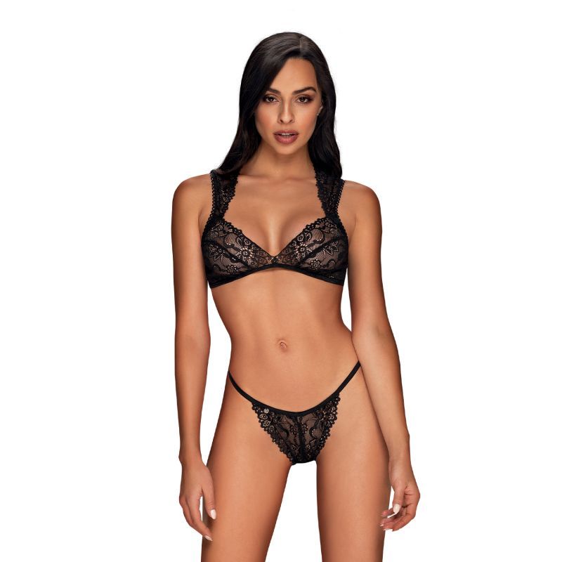 Front view of the black Obsessive Elisetta lace bra and briefs set, showing floral cups and narrow side straps