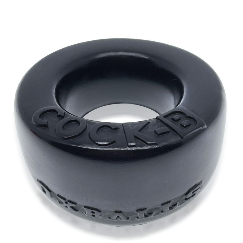 Low angled view of the Black Cock B padded ring with embossed model name