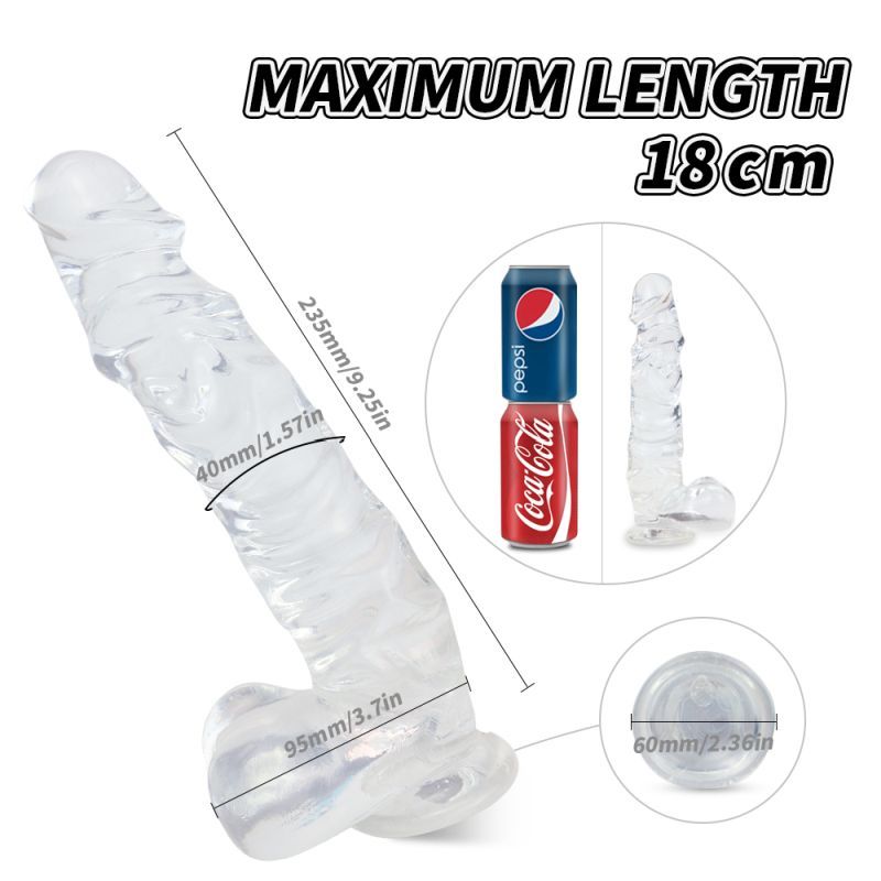 Measurement diagram for the clear S-Hande Kennard dildo showing the shaft, moulded balls and suction base