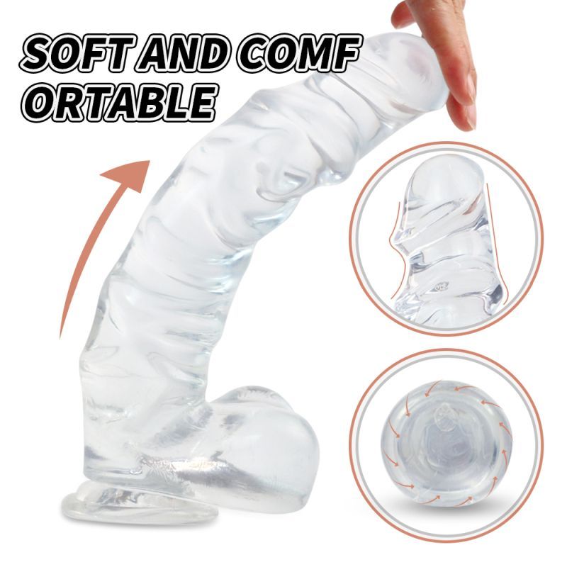 S-Hande Kennard clear dildo flexed to show its soft shaft, with head and base detail insets