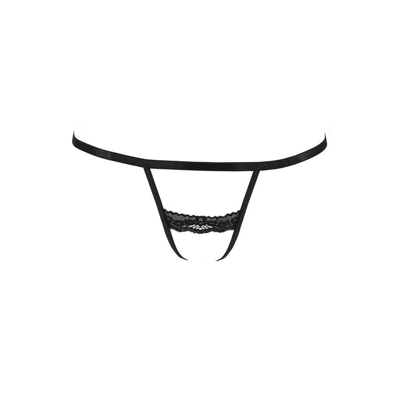 Passion Shelly black crotchless thong, product-only front view showing the open straps and lace panel