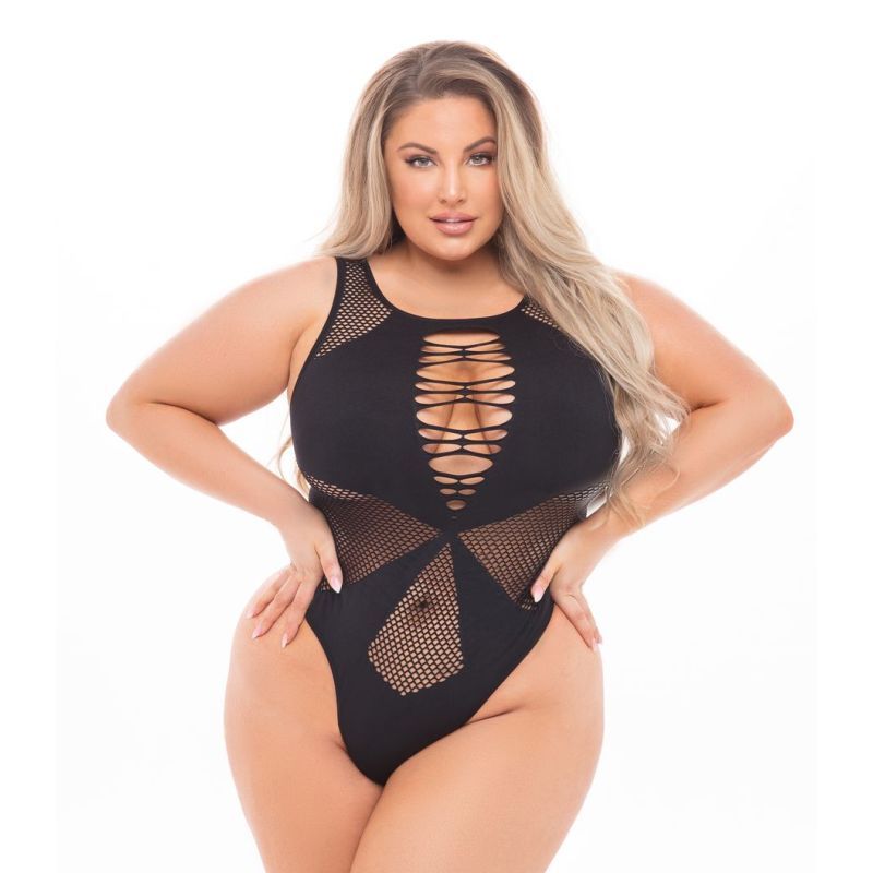 Pink Lipstick Duchess black high neck bodysuit with strappy front and mesh panels