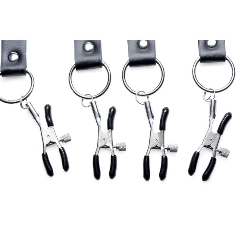 Close-up of four Master Series Spread XL rubber-tipped labia clamps with adjustment screws and metal ring connections