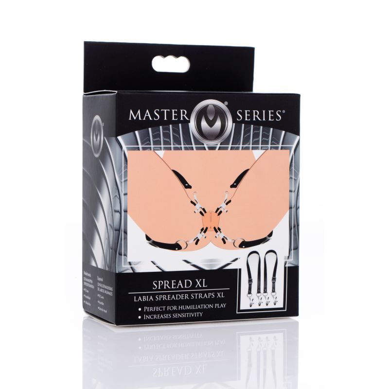 Master Series Spread XL Labia Spreader Straps retail box with placement illustration and strap images