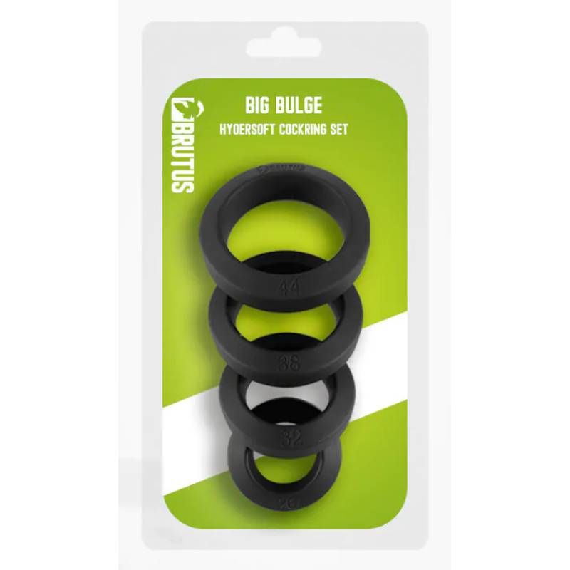 Brutus Big Bulge four-piece black silicone cock ring set displayed in green and white retail packaging