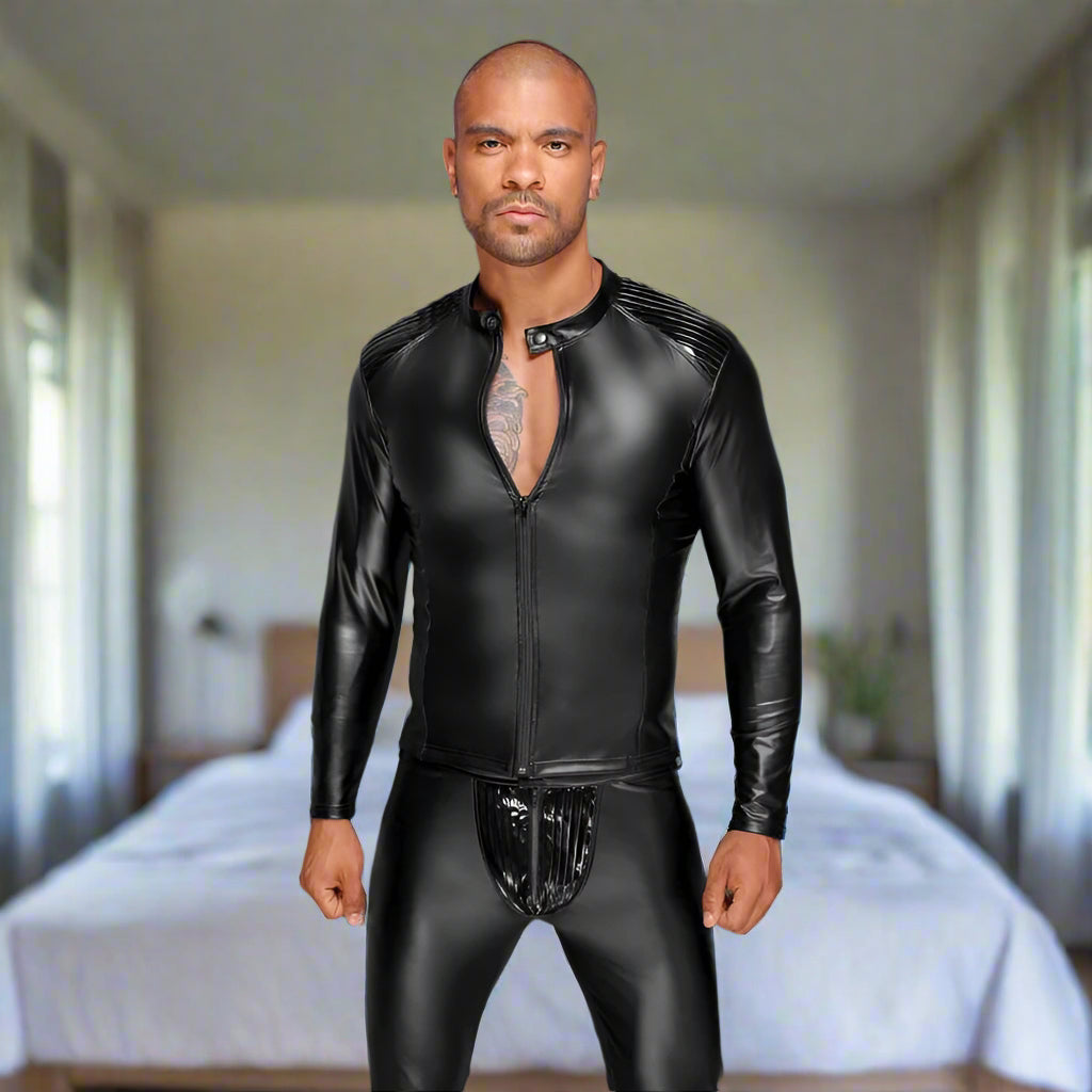 Power Wetlook Black Men's Jacket with Pleated PVC Epauletts in Small