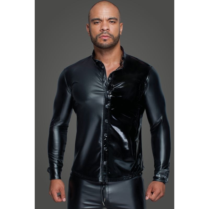 Powerwetlook PVC Long Sleeved Shirt w Button Placket Small Black