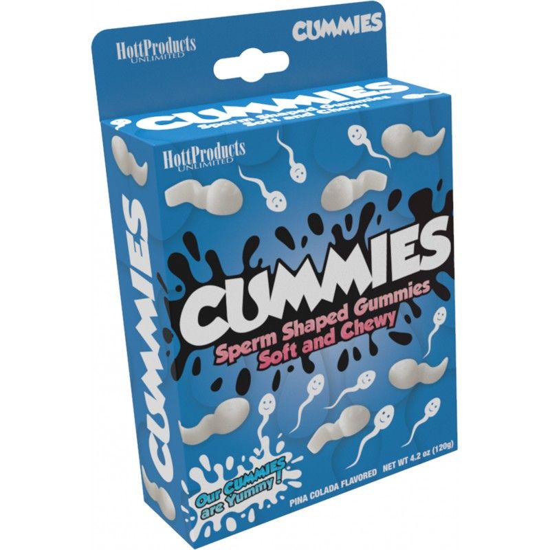 Hott Products Cummies sperm-shaped gummies in blue piña colada-flavoured 120g retail box