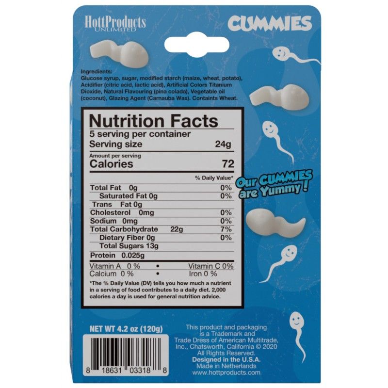 Back of Cummies box showing ingredients, wheat allergen statement and nutrition panel