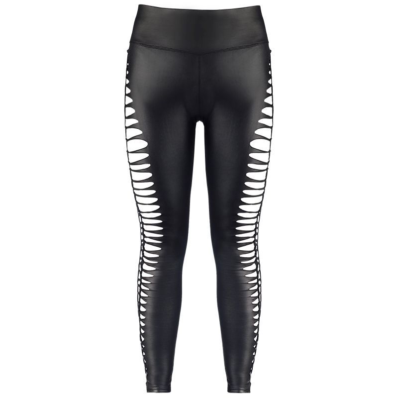 Axami black wet-look leggings laid flat showing the broad waistband and side openings