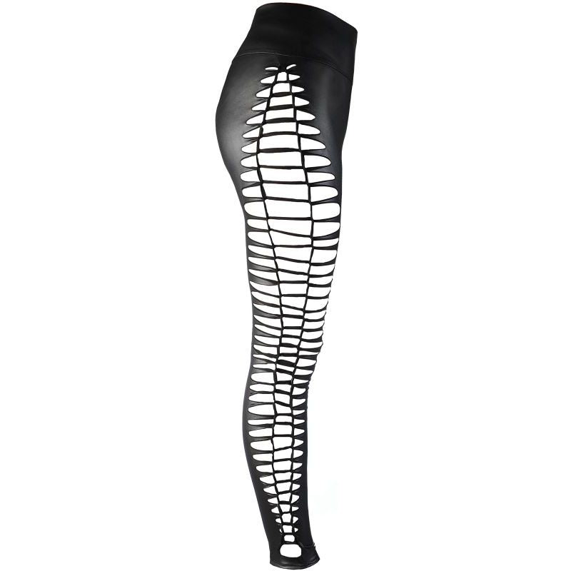 Side view of Axami black wet-look leggings showing the repeated slashed cut-outs