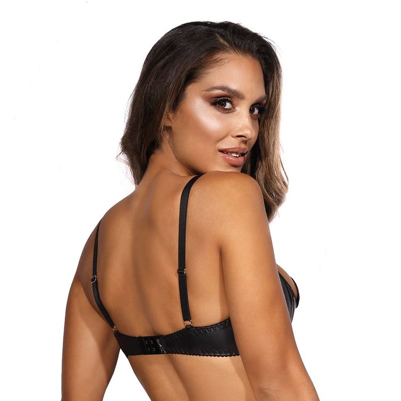 Rear view of Axami black wet-look half-cup bra showing adjustable shoulder straps and hook-and-eye band