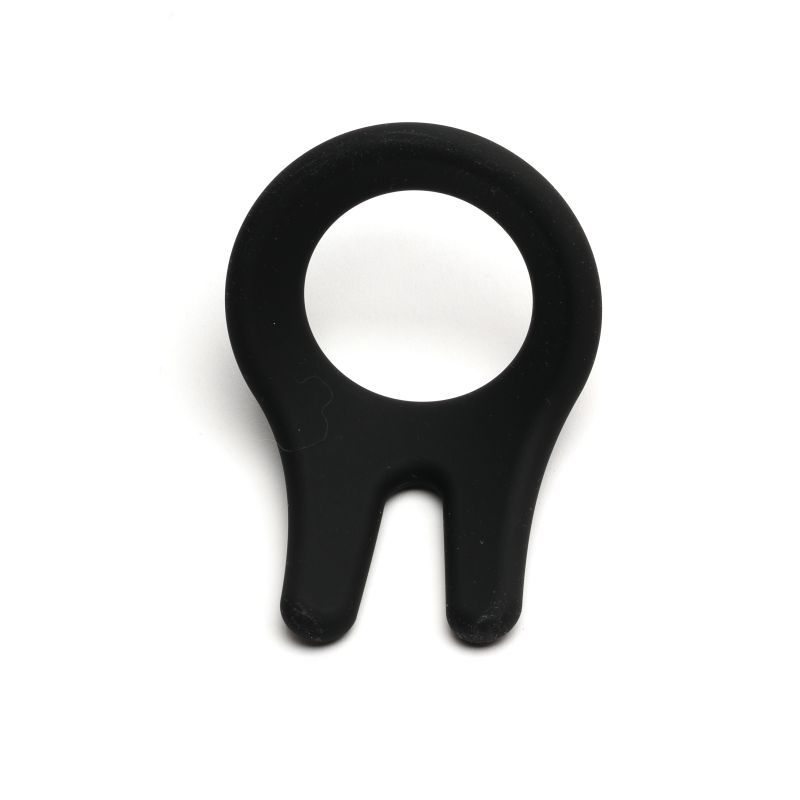 Front view of the black Sport Fucker CockPit silicone cock ring showing the rounded opening and twin tapered tips