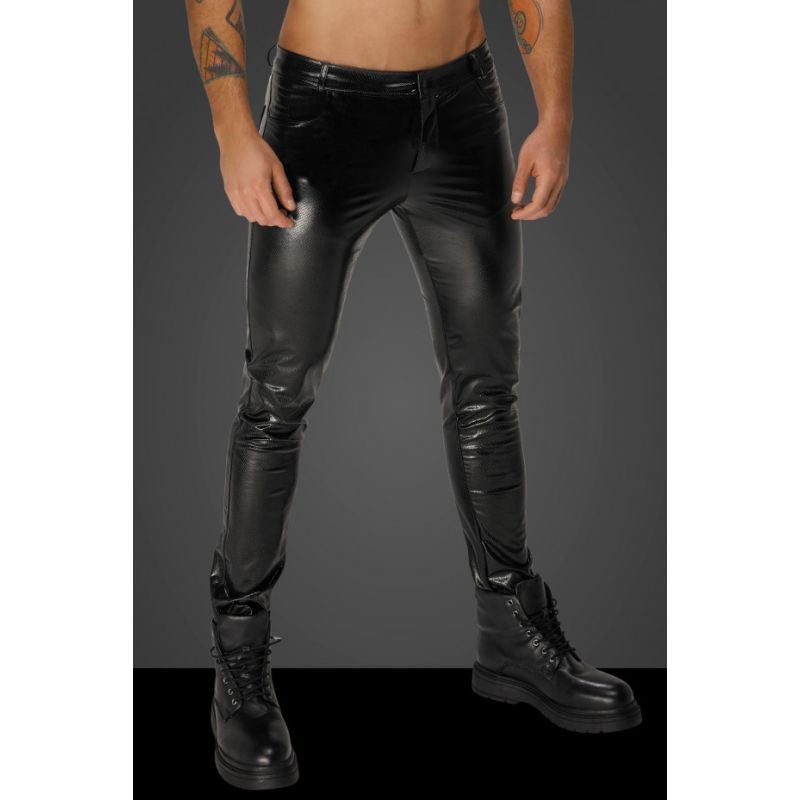 Close front view of Noir H067 pants, showing the snake-pattern finish, waistband and concealed zip