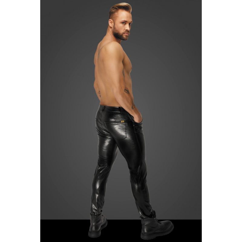 Rear view of Noir snake wetlook pants, showing back patch pockets, belt loops and the glossy finish
