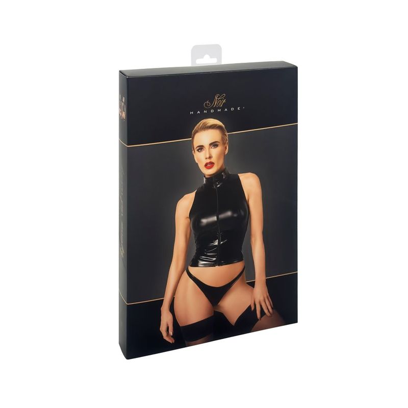 Glam Wetlook Top w Vinyl Corset Large Black