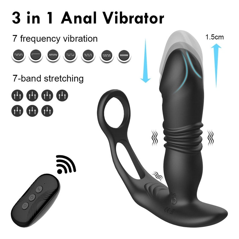 Thrusting Silicone Butt Plug with Cockring and Remote Black