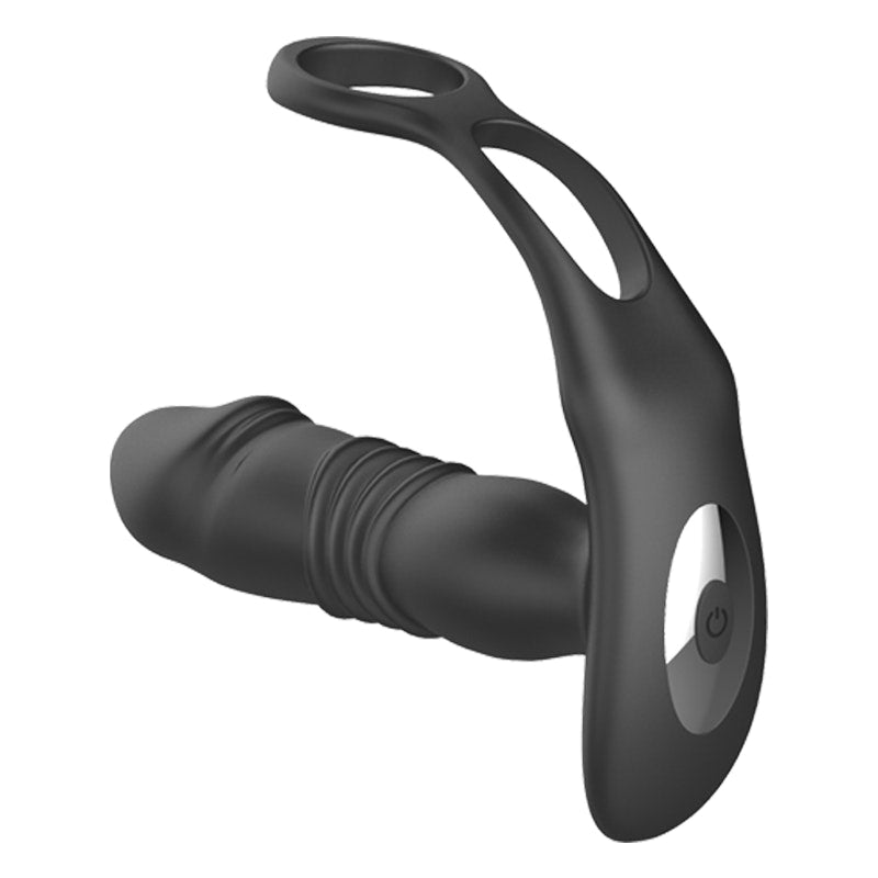 Thrusting Silicone Butt Plug with Cockring and Remote Black