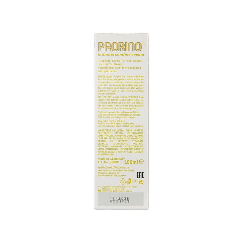 Rear of the Prorino Anal Comfort Cream 100ml box showing application directions, ingredients and Made in Germany information