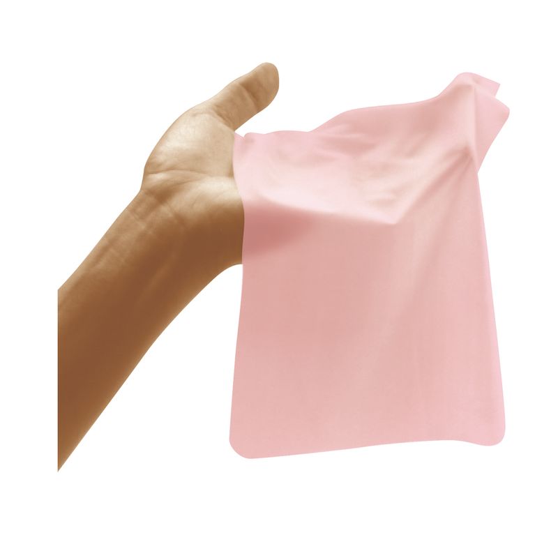 Example pink Sheer Glyde dental dam held open by hand to show its thin, sheer latex sheet