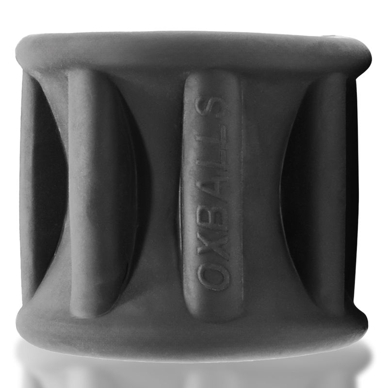 OxBalls Baller Night ball stretcher in black, side view of hourglass waist and OXBALLS lettering